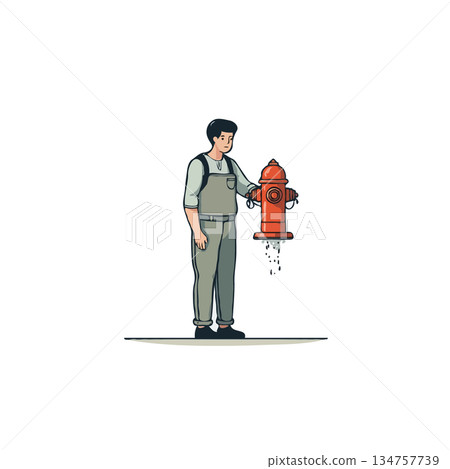 A quaint illustration of a man with overalls curiously inspecting a solitary fire hydrant emitting 134757739