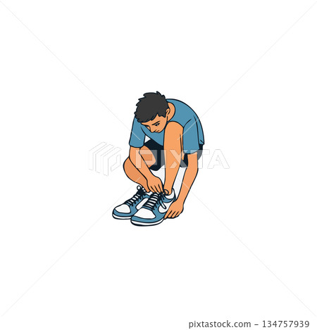 Illustration showcasing a thoughtful young man tying his shoelaces preparing for activity getting Illustration showcasing a thoughtful young man tying his shoelaces preparing for activity getting 134757939
