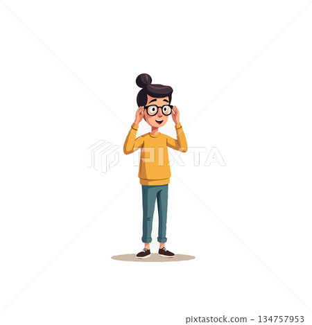Illustration depicts a charming character with expressive eyes adjusting her eyewear in a playful 134757953