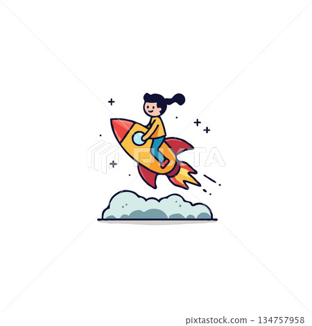 Whimsical journey: A delightful cartoon girl soars into the unknown aboard a vibrant rocket, 134757958