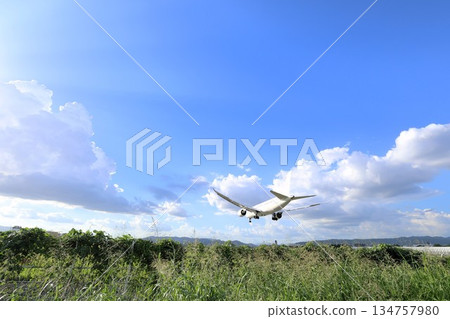 Blue sky and a landing plane Blue sky and a landing plane 134757980