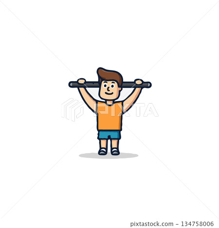 Cartoon man demonstrating upper body strength workout with exercise bar isolated on plain Cartoon man demonstrating upper body strength workout with exercise bar isolated on plain 134758006