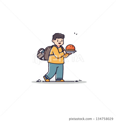 Cheerful young traveler carrying backpack and delicious burger enjoying tasty meal during a Cheerful young traveler carrying backpack and delicious burger enjoying tasty meal during a 134758029