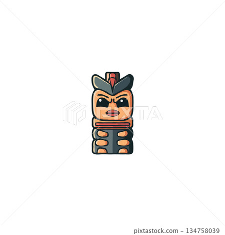 Stylized cartoon totem pole illustration featuring stacked geometric shapes evoking indigenous art 134758039