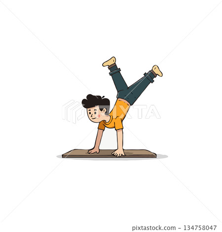 Cartoonish boy engaging in a handstand with balanced precision demonstrates youthful strength and Cartoonish boy engaging in a handstand with balanced precision demonstrates youthful strength and 134758047