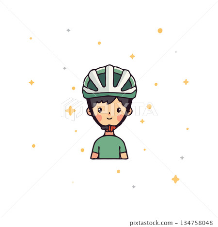 Cartoon cyclist with protective helmet in a whimsical style amidst shining stardusts adds charm 134758048