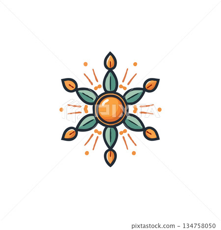 Botanical sunburst creation showing the symmetrical arrangement with green leaves and orange 134758050