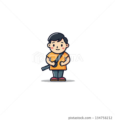 Cartoon boy standing with strap slung across shoulder radiating positivity in minimalist vector Cartoon boy standing with strap slung across shoulder radiating positivity in minimalist vector 134758212