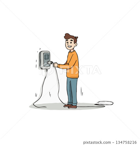 Man plugging in an electric vehicle to charge at home illustrating sustainable energy practices 134758216