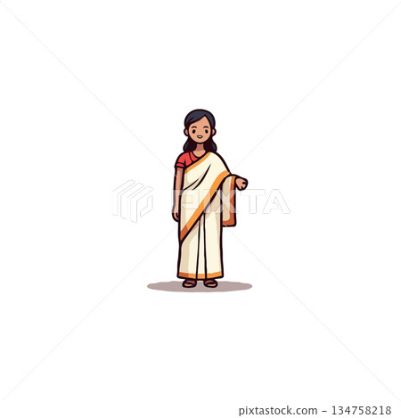 Cartoon depiction of a woman in traditional attire embodying cultural elegance and simplistic Cartoon depiction of a woman in traditional attire embodying cultural elegance and simplistic 134758218