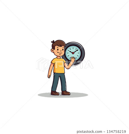 A young boy carrying an analog clock demonstrating time management concept in a learning A young boy carrying an analog clock demonstrating time management concept in a learning 134758219