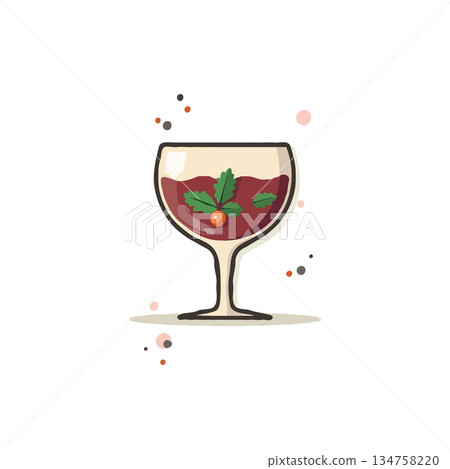 Festive holiday cocktail illustration featuring vibrant red liquid and botanical garnishes in Festive holiday cocktail illustration featuring vibrant red liquid and botanical garnishes in 134758220