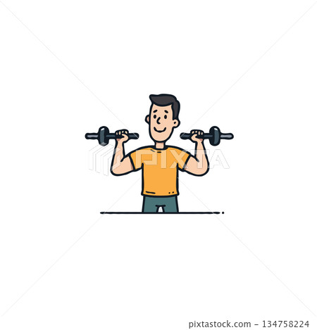 Cartoon man lifting weights exercises with dumbbells in gym for strengthening body and gaining Cartoon man lifting weights exercises with dumbbells in gym for strengthening body and gaining 134758224