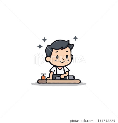 Charming cartoon illustration of a diligent boy shining shoes with sparkling stars around him Charming cartoon illustration of a diligent boy shining shoes with sparkling stars around him 134758225