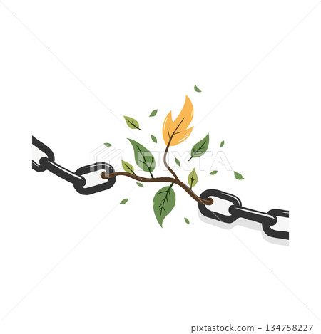 Symbolic illustration of resilient nature overcoming adversity by growing through a broken chain Symbolic illustration of resilient nature overcoming adversity by growing through a broken chain 134758227