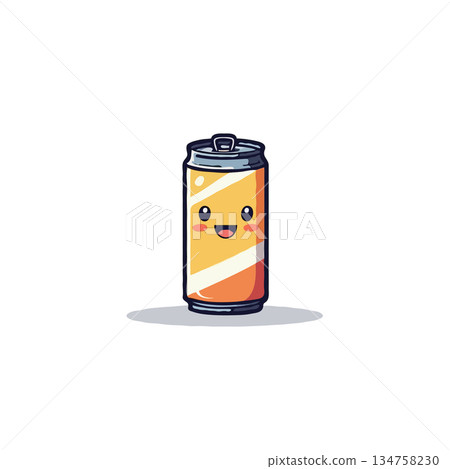 Delightful canned beverage illustration featuring an orange and yellow soda character with a Delightful canned beverage illustration featuring an orange and yellow soda character with a 134758230