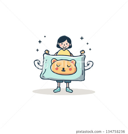 Cute illustration of a child cosplaying a sleepy bear pillow with whimsical stars for a playful 134758236