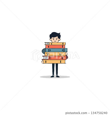 Cartoon illustration of student carrying a huge stack of books in front of white background 134758240