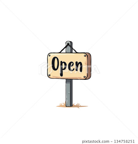 Stylized opening message on beige signboard provides welcoming business signage to community Stylized opening message on beige signboard provides welcoming business signage to community 134758251
