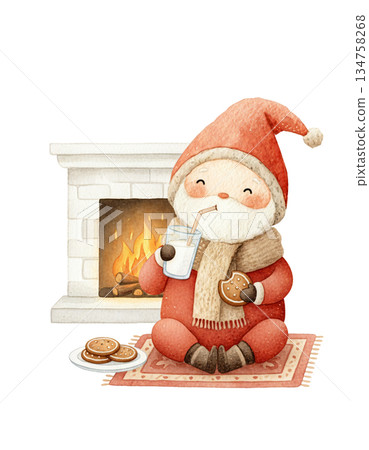 Cute watercolor baby Santa sitting on rug drinking milk and eating cookie. Hand drawn cozy winter holiday snack illustration by fireplace. Cute watercolor baby Santa sitting on rug drinking milk and eating cookie. Hand drawn cozy winter holiday snack illustration by fireplace. 134758268