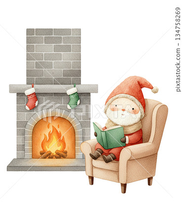 Cute watercolor Santa sitting in armchair reading a book by the fireplace. Hand drawn cozy winter holiday relaxation illustration. Cute watercolor Santa sitting in armchair reading a book by the fireplace. Hand drawn cozy winter holiday relaxation illustration. 134758269