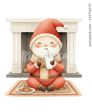 Cute watercolor little Santa sitting on rug eating cookies and milk. Hand drawn winter holiday fireplace scene illustration. 134758270
