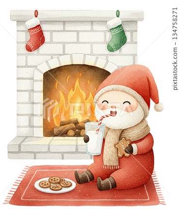 Cute watercolor baby Santa eating cookies and drinking milk by the fireplace. Hand drawn cozy winter holiday illustration with Christmas stockings. 134758271