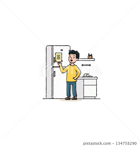 Boy in a vibrant yellow shirt placing notes on fridge in bright minimalist kitchen depicts 134758290
