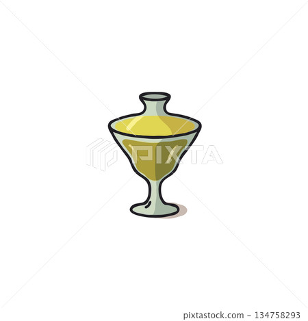 Elegant stylized glass vessel containing viscous yellow liquid evocative of concentrated honey or 134758293