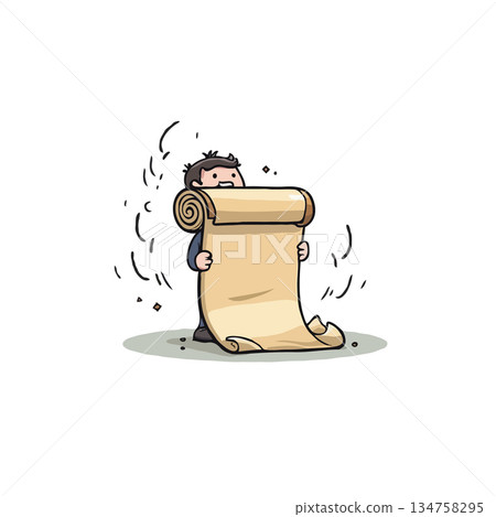 Cartoon illustration of a young boy proudly holding a massive rolled parchment document for an 134758295