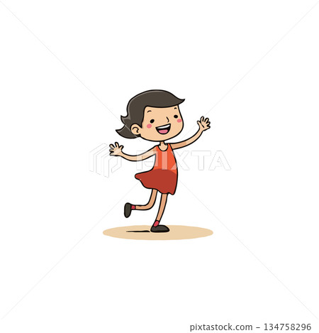 Cheerful young girl cartoon illustration radiating joy with outstretched arms and vibrant dress Cheerful young girl cartoon illustration radiating joy with outstretched arms and vibrant dress 134758296
