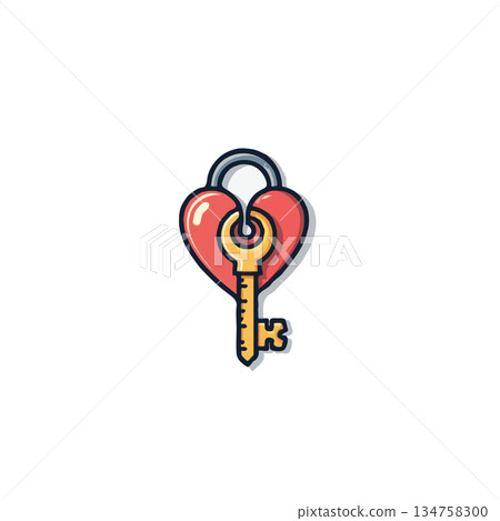 Heartfelt security: A whimsical illustration of love locked with a golden key signifying Heartfelt security: A whimsical illustration of love locked with a golden key signifying 134758300