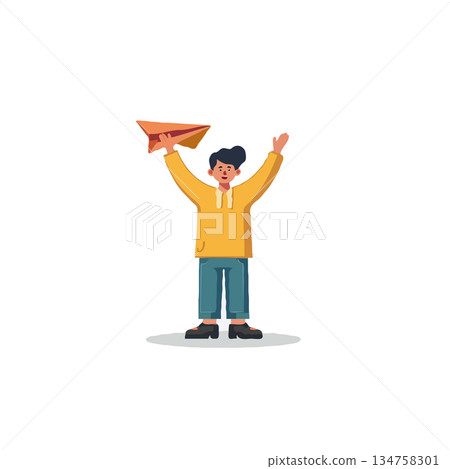 Whimsical illustration of a young man joyfully launching a paper airplane towards future dreams Whimsical illustration of a young man joyfully launching a paper airplane towards future dreams 134758301