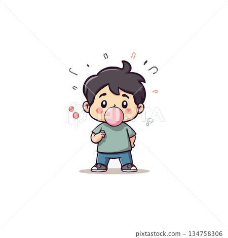Whimsical depiction of a boy blowing bubble gum creating playful cartoon atmosphere and innocent 134758306