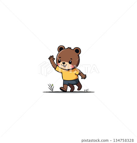 Cheerful cartoon bear cub strolling happily, raising a paw in greeting, expressing friendliness 134758328