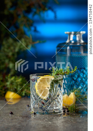 Gin and tonic cocktail with juniper branches and lemon slices. Gin and tonic cocktail with juniper branches and lemon slices. 134758442
