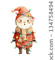Cute watercolor baby Santa tangled in colorful Christmas string lights. Hand drawn funny winter holiday decorating illustration isolated on white background. 134758494