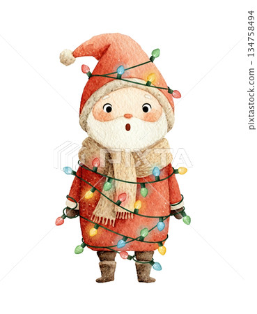 Cute watercolor baby Santa tangled in colorful Christmas string lights. Hand drawn funny winter holiday decorating illustration isolated on white background. 134758494