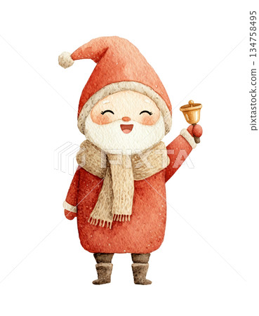 Cute watercolor baby Santa ringing golden handbell. Hand drawn winter holiday announcement character illustration isolated on white background. Cute watercolor baby Santa ringing golden handbell. Hand drawn winter holiday announcement character illustration isolated on white background. 134758495