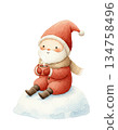 Cute watercolor baby Santa sitting on snowball drinking hot cocoa. Hand drawn winter holiday warming up illustration isolated on white background. 134758496