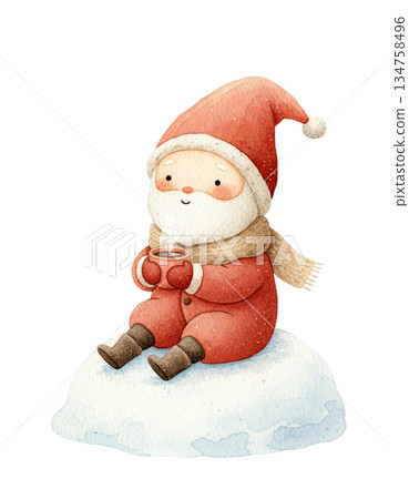 Cute watercolor baby Santa sitting on snowball drinking hot cocoa. Hand drawn winter holiday warming up illustration isolated on white background. Cute watercolor baby Santa sitting on snowball drinking hot cocoa. Hand drawn winter holiday warming up illustration isolated on white background. 134758496