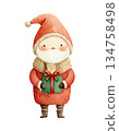 Cute watercolor baby Santa holding green gift box with red ribbon. Hand drawn winter holiday giving present illustration isolated on white background. 134758498