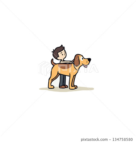 Cartoon illustration of a boy gently petting his loyal golden dog demonstrating affectionate 134758580