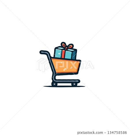 A charming minimalistic logo showcasing a shopping cart filled with a neatly wrapped gift creating A charming minimalistic logo showcasing a shopping cart filled with a neatly wrapped gift creating 134758586