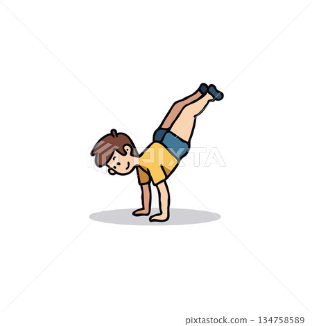 Child engages in a challenging handstand exercise with determination and enthusiasm on plain 134758589