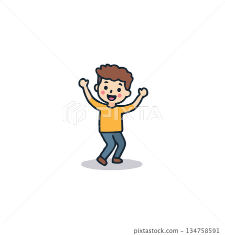 Animated character boy celebrating success with arms raised in joyful happiness expressive 134758591