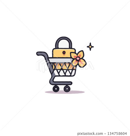 Charming Shopping Cart Icon Featuring a Flower Detail and Subtle Sparkle for Branding Graphics 134758604