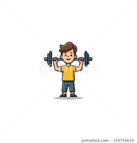 Cartoon depiction of a young boy with barbell showcasing physical fitness and strength training 134758619