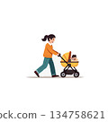 Serene afternoon stroll mother pushes her child in a yellow stroller a beautiful family moment 134758621