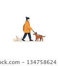 A person walking a dog in minimalistic style artwork representing companionship and casual outdoor 134758624